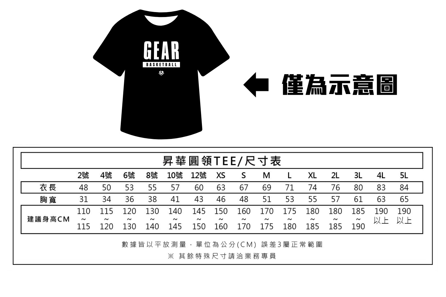 GEAR 短 TEE 尺寸對照表